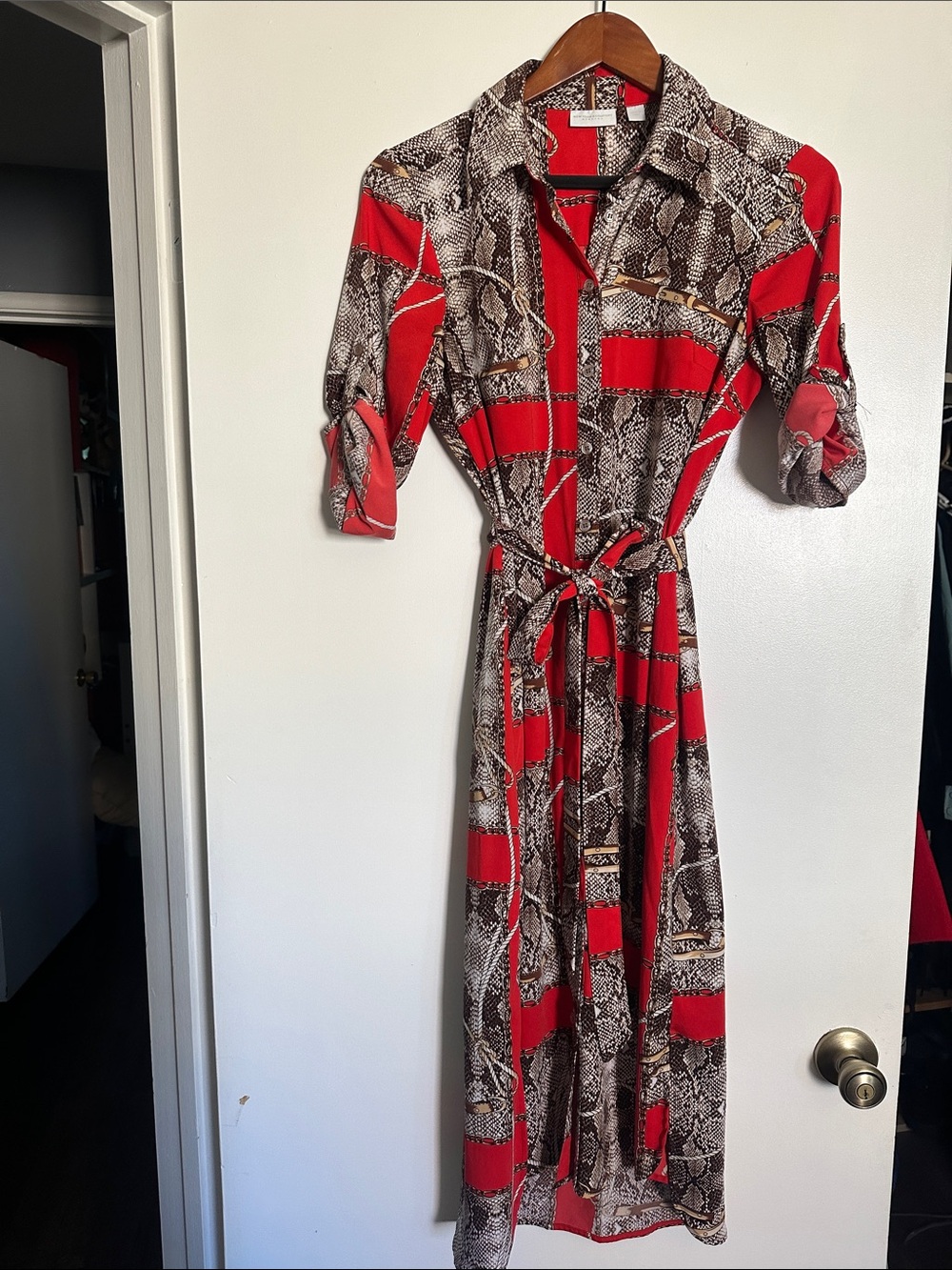 New York & Company Red and Brown Snake-Print Midi Shirt Dress